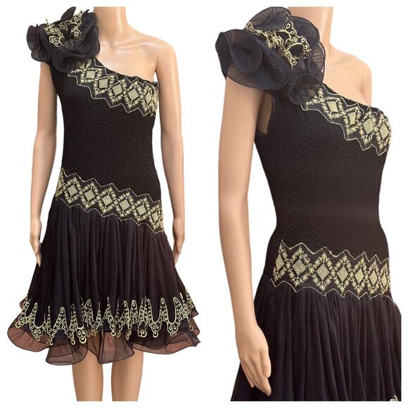 Vintage 1980's one shoulder Midi Formal Prom Dress Embroidered Gold Black Small - Picture 3 of 16